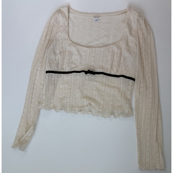 Kimchi Blue Tops - Kimchi Blue Lace Knit Top XL Ivory Sheer Long Sleeve Bow Coquette Fairy Grunge